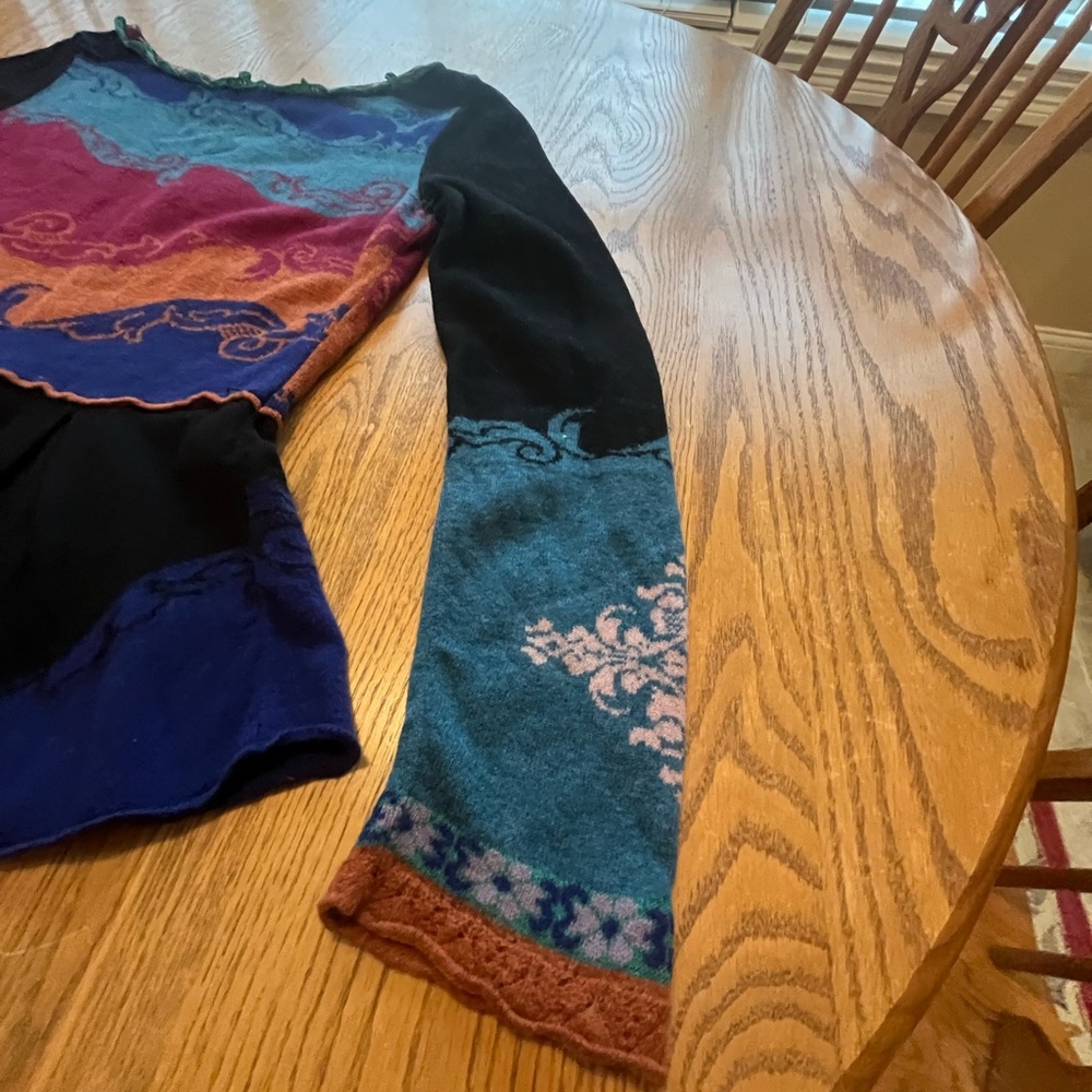 Boutique Multi Colored Black Blue Teal Wool Peplum Sweater M Missing tag - Picture 4 of 8